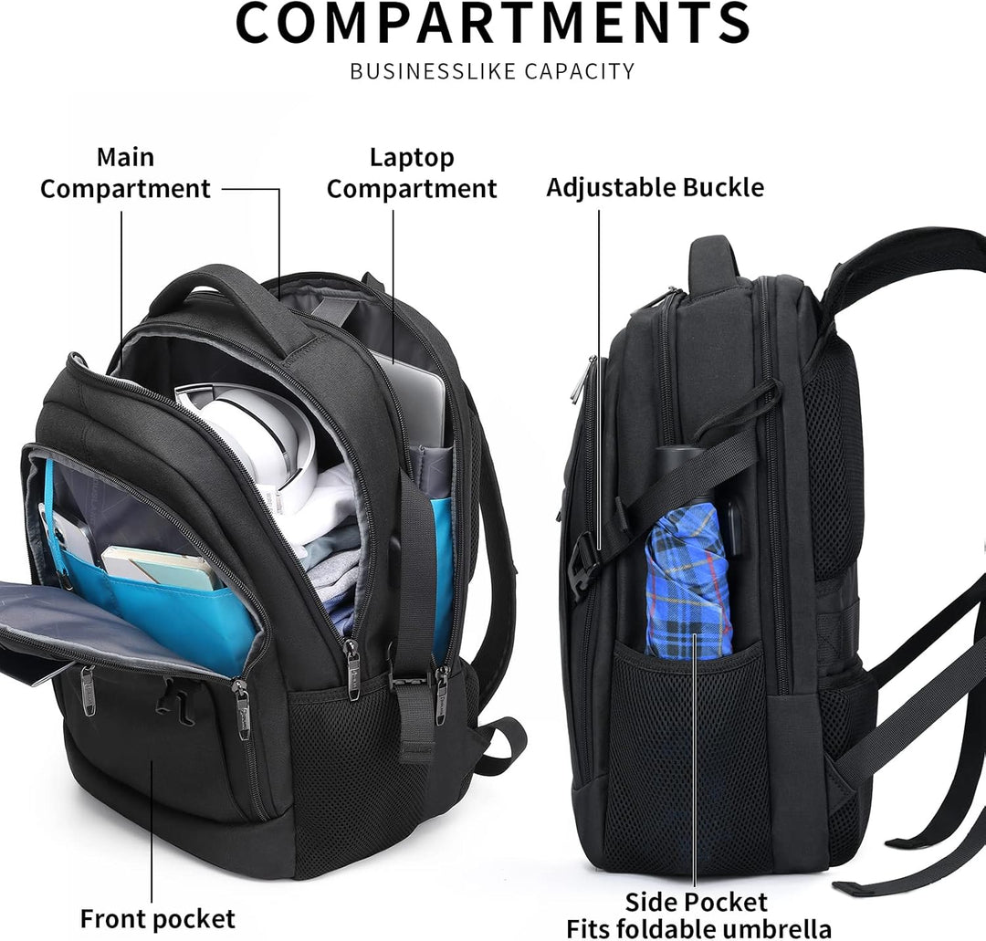 Stylish black travel backpack for laptops, with USB port and ergonomic design.