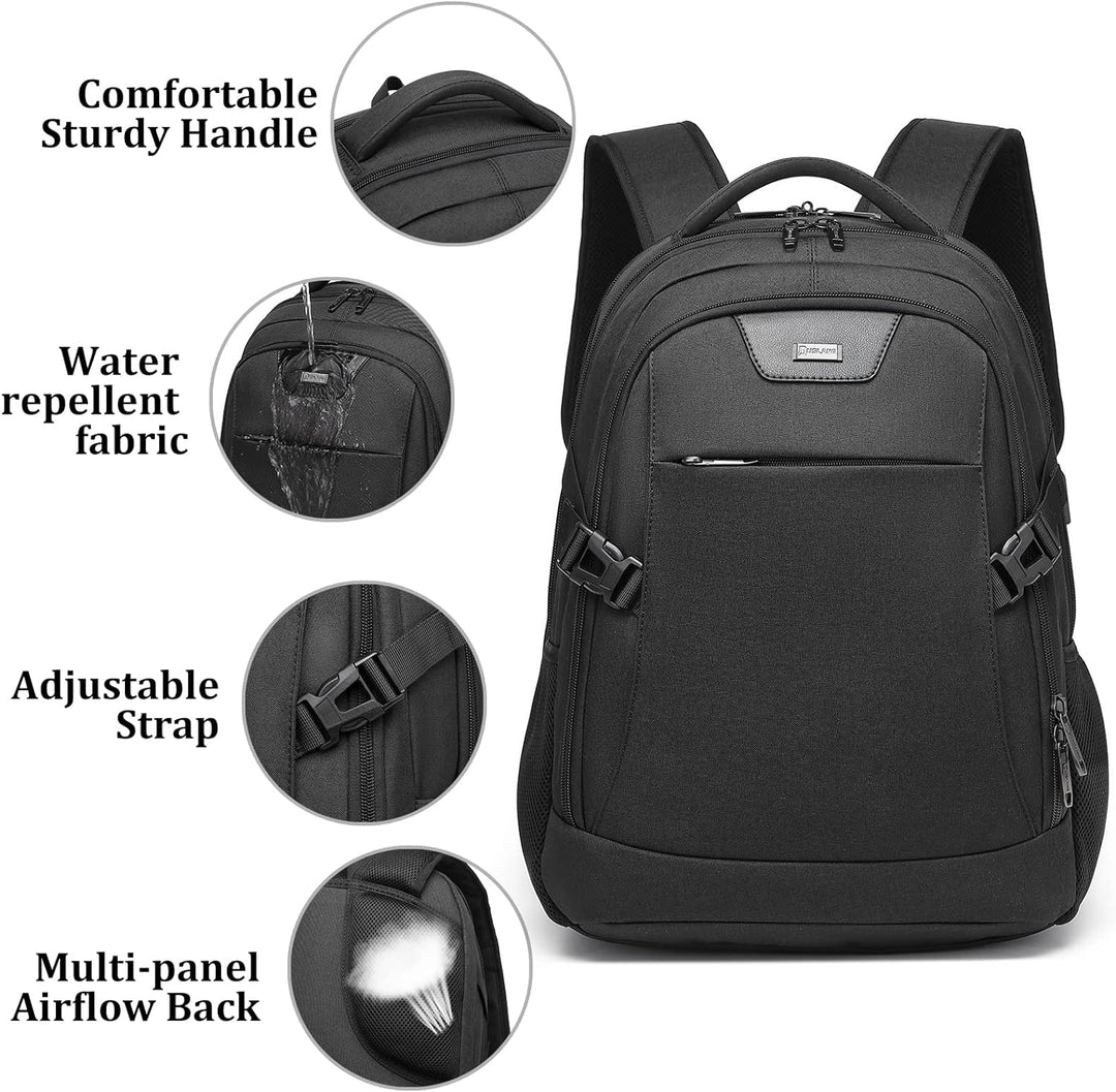 Spacious unisex laptop backpack, multi-compartment, with USB charging feature.