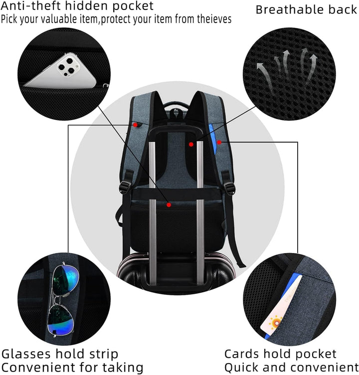Versatile unisex laptop travel backpack with water-resistant fabric & integrated USB port for charging devices.