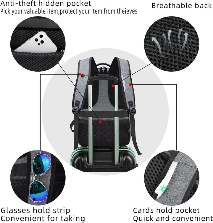 Spacious student backpack, water-resistant, with USB charging for devices.