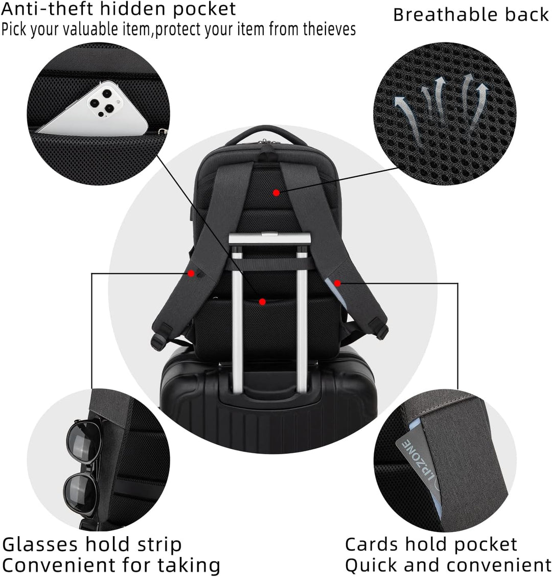 Unisex travel backpack with USB charging port, anti-theft zipper, and padded laptop sleeve.