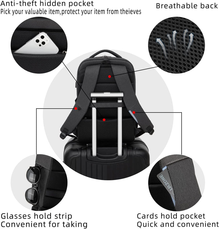 Unisex travel backpack with USB charging port, anti-theft zipper, and padded laptop sleeve.
