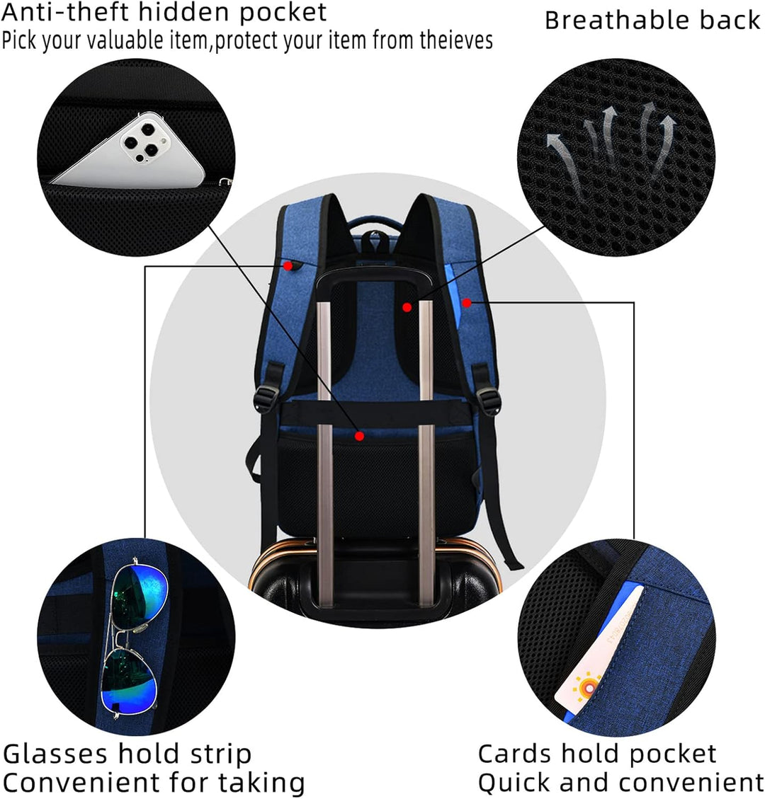 Stylish water-resistant student backpack for laptops, with charging & storage.