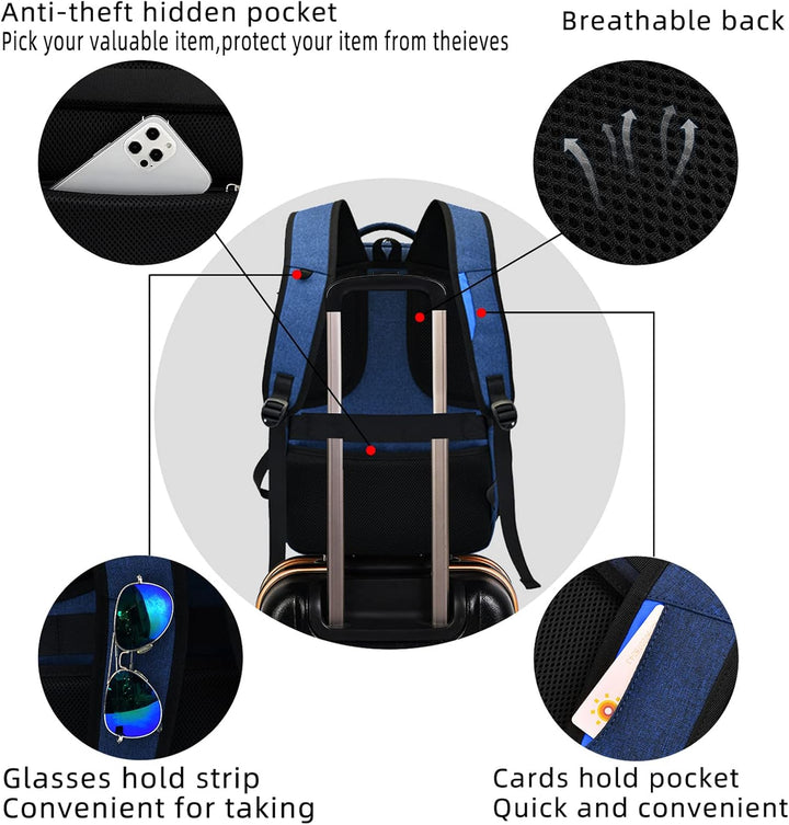Stylish water-resistant student backpack for laptops, with charging & storage.