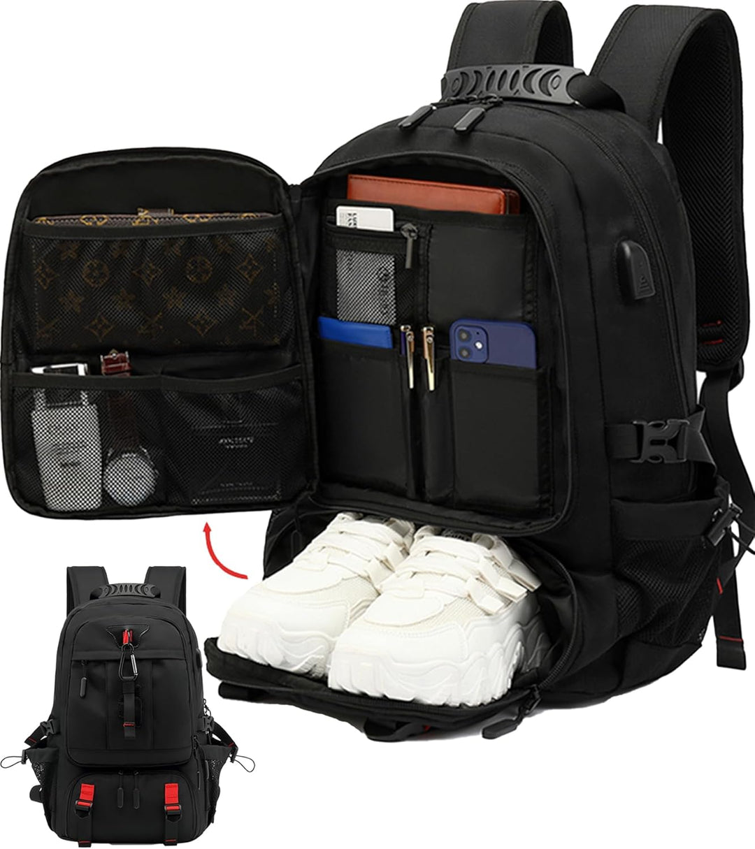 Unisex waterproof 60L travel backpack with USB charging port, laptop sleeve, and shoe compartment, perfect carry-on.