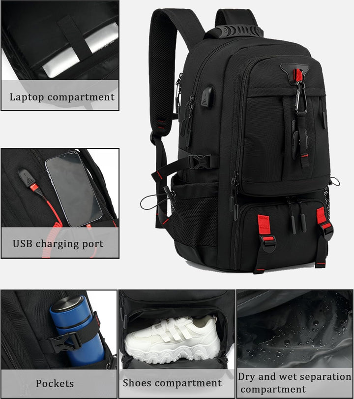Unisex travel backpack's exterior showing integrated USB charging port for convenient on-the-go device power.
