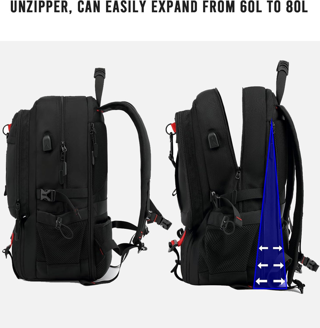 Person wearing a 60L waterproof unisex travel backpack, ideal for hiking, business travel, or as a carry-on.