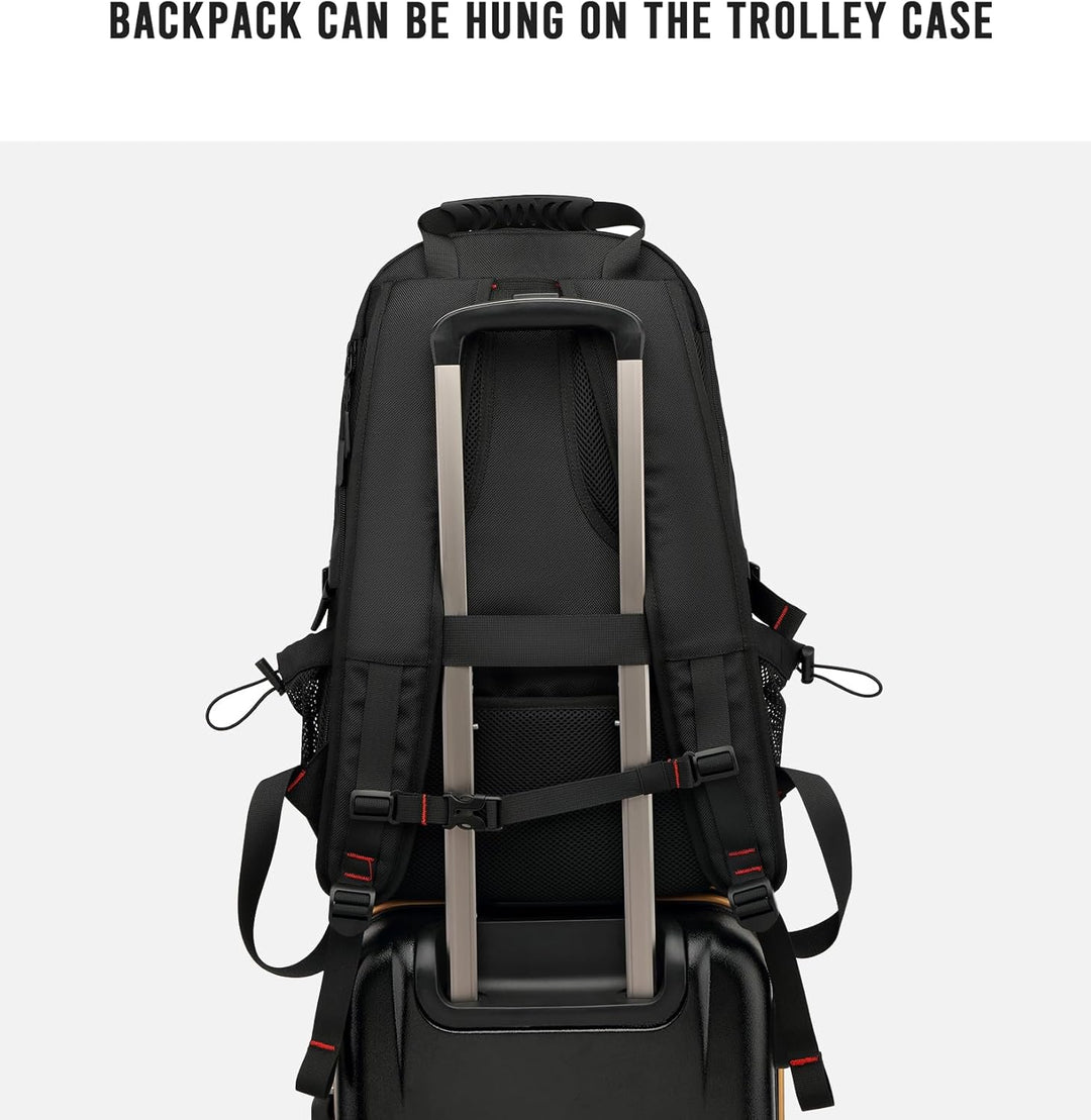 Back panel of the anti-theft 60L unisex travel backpack, designed for security and comfortable carry-on travel.