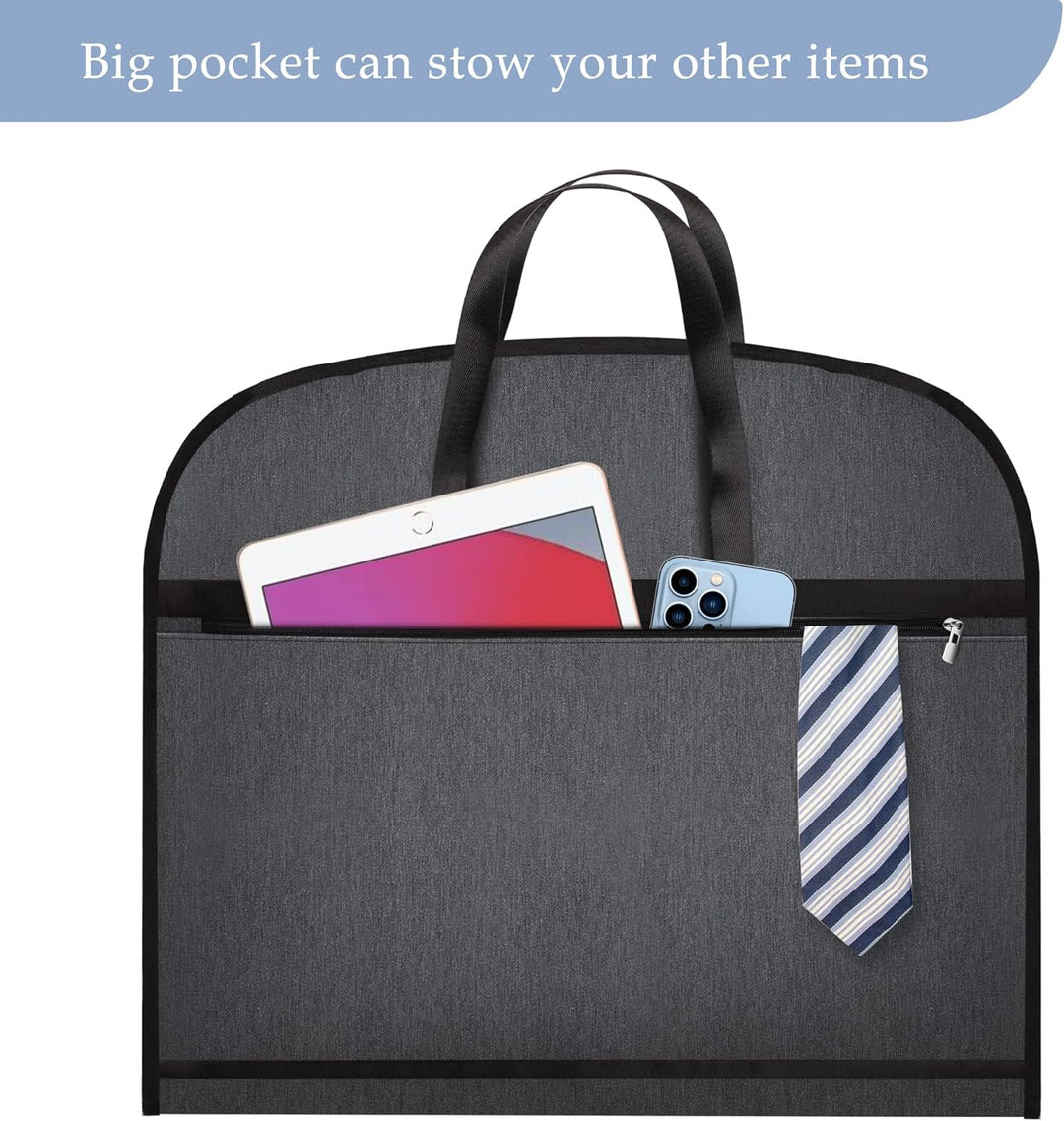 Waterproof Oxford garment bag protects suits & dresses for travel. Foldable & lightweight for easy luggage organization.