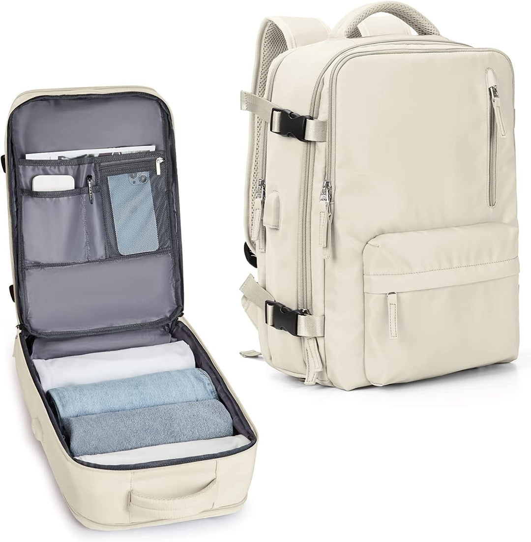 Unisex waterproof travel backpack with shoe compartment, USB port, & 14in laptop sleeve.