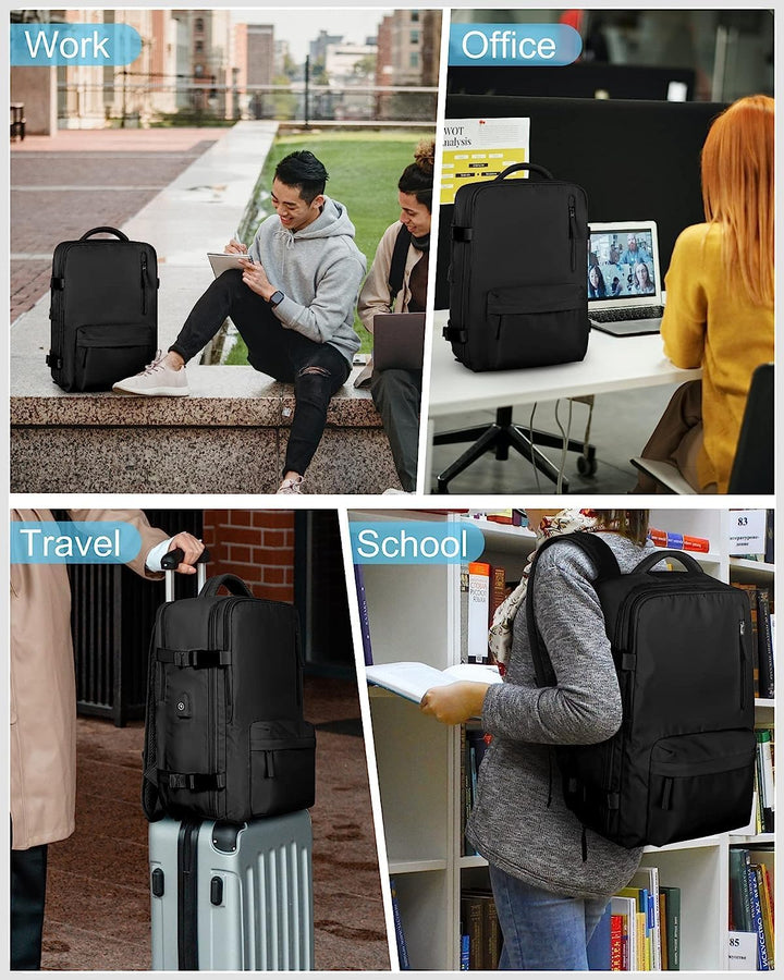 Traveler wearing a waterproof unisex backpack with USB port, shoe compartment, 14in laptop space.