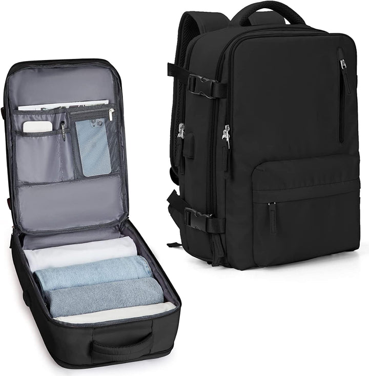 Front view of stylish waterproof travel backpack, 14in laptop ready, with shoe compartment & USB.