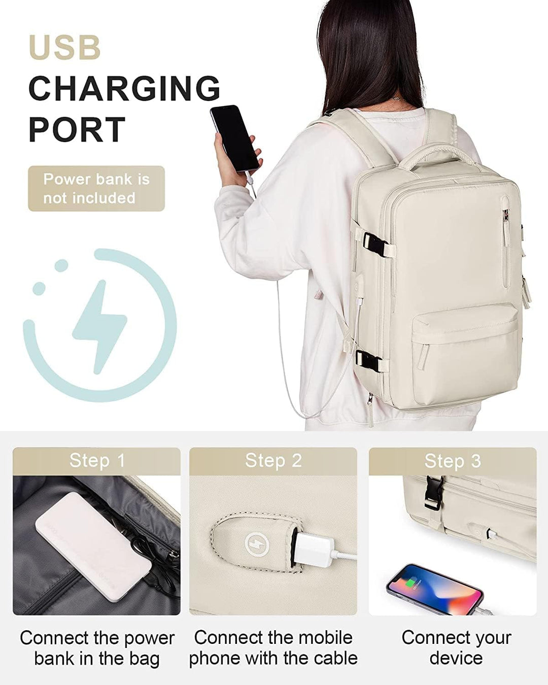 Rugged waterproof travel backpack, anti-theft, with shoe pocket, USB charging, for 14in laptops.