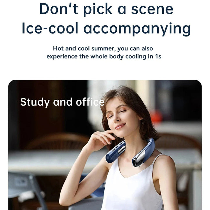 Portable neck air conditioner for instant cooling relief. Hands-free design, great for any activity.