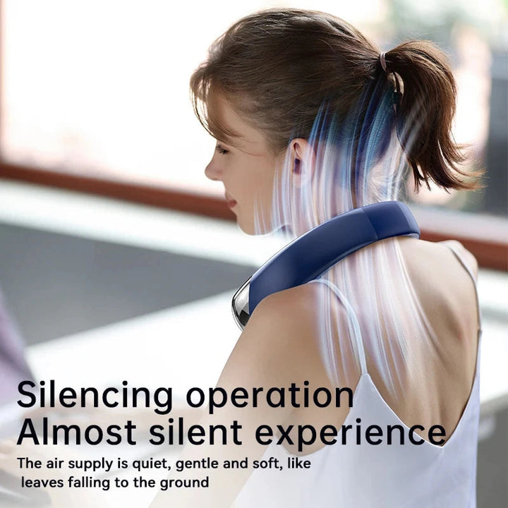 Sleek unisex wearable neck fan. Silent, portable, and delivers instant cooling relief.
