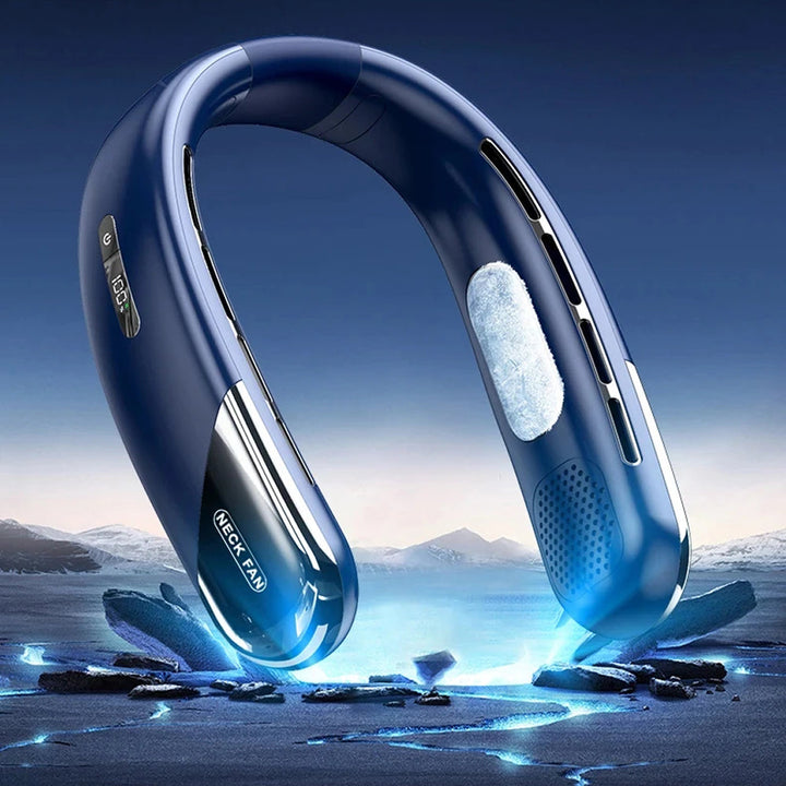 Sleek unisex personal cooler. Wearable neck air conditioner offers hands-free instant cooling.