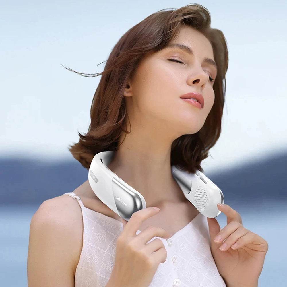 Instant cooling relief with this portable neck air conditioner. A hands-free summer essential.