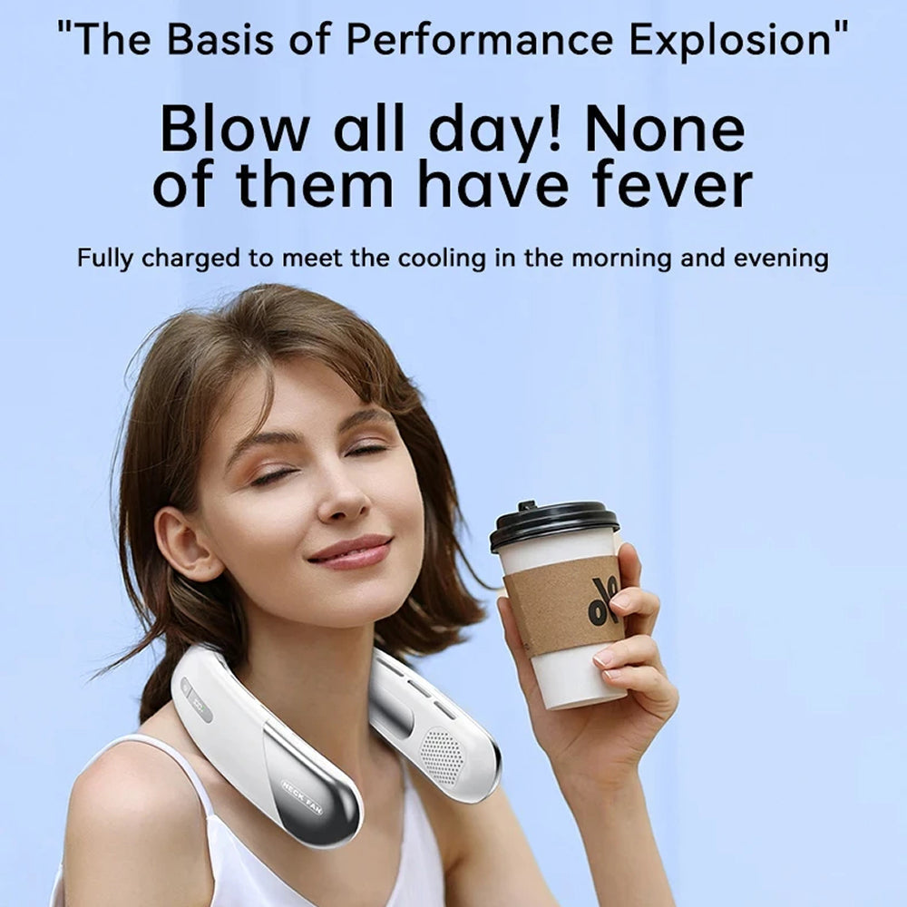 Wearable neck fan delivers silent, personal cooling. Great for outdoor activities and travel.