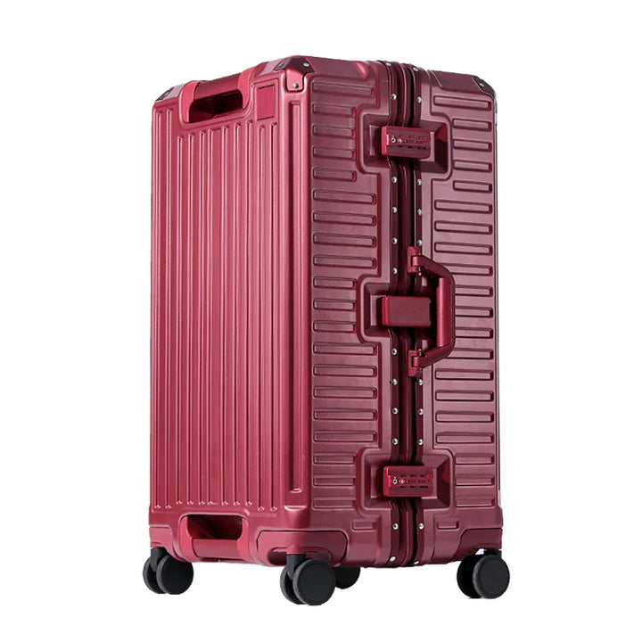 Hard shell travel suitcase, wide grip, spinner wheels, designed for organized, durable packing.