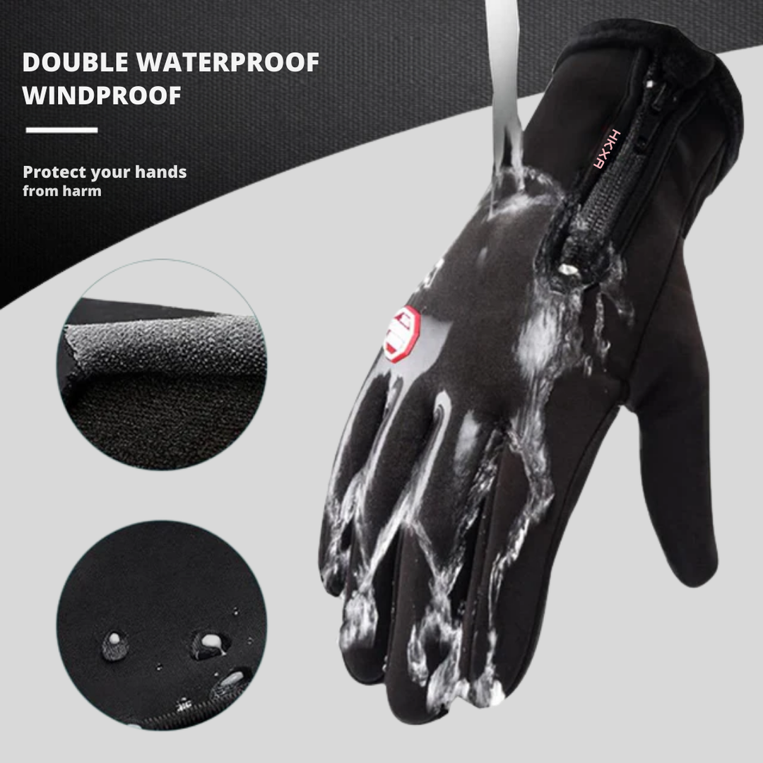 Close-up of a heated winter glove with touch-screen fingertips, ideal for cold weather cycling, skiing & outdoor sports.