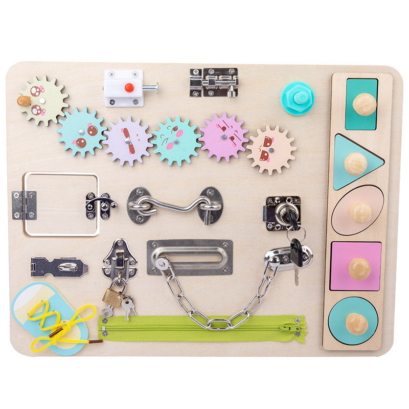 Unisex wooden sensory activity board for toddlers, promoting fine motor skills & preschool learning. Busy travel toy.