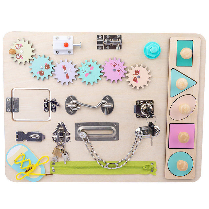 Unisex wooden sensory activity board for toddlers, promoting fine motor skills & preschool learning. Busy travel toy.