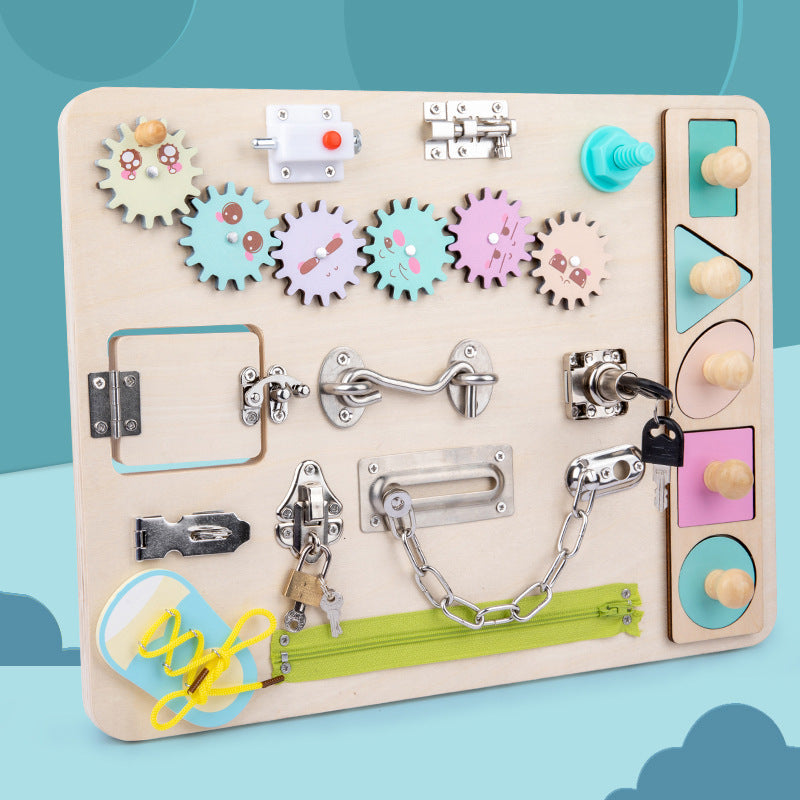 Educational wooden sensory board for toddlers. Engages fine motor skills, perfect busy board for learning & play.
