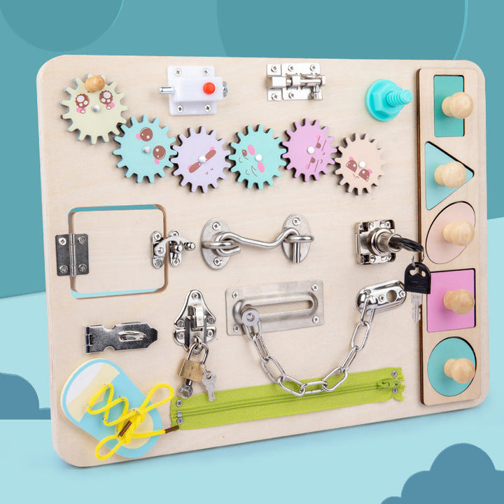 Educational wooden sensory board for toddlers. Engages fine motor skills, perfect busy board for learning & play.