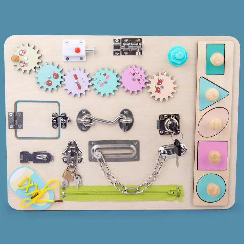 Toddler wooden sensory activity board, a busy board enhancing fine motor skills for preschool learning & play.