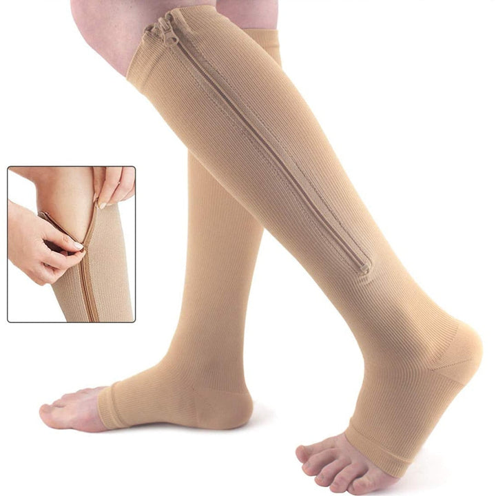 Unisex zipper compression stockings for easy wear, leg relief, and improved circulation support.