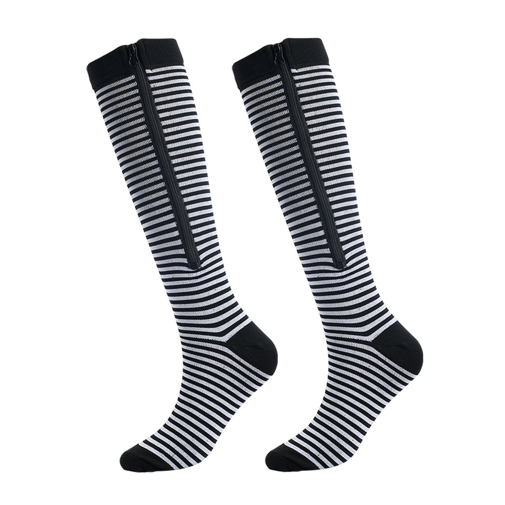 Comfortable unisex travel compression socks with zipper, for leg fatigue relief & circulation.