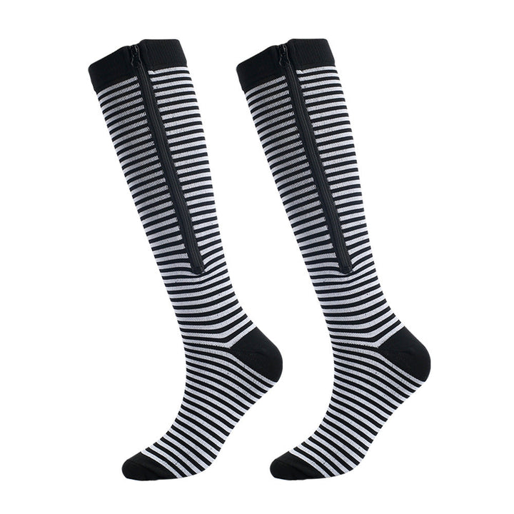 Comfortable unisex travel compression socks with zipper, for leg fatigue relief & circulation.