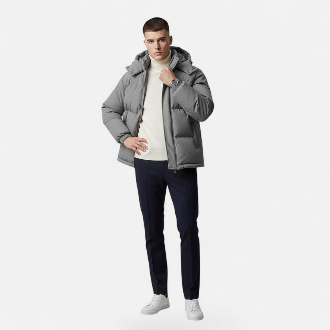 Fashionable men's winter jacket, padded & hooded, perfect for outdoor style.