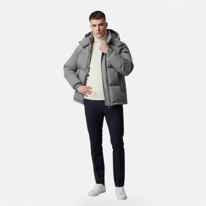 Fashionable men's winter jacket, padded & hooded, perfect for outdoor style.