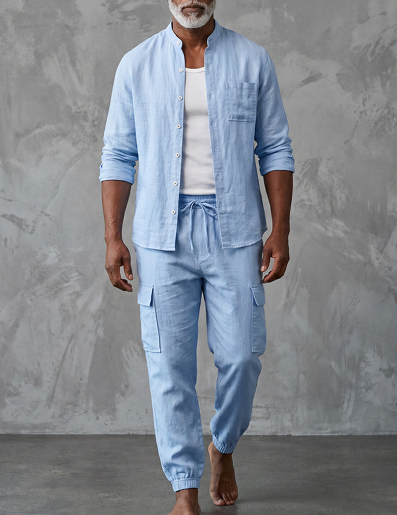 Relaxed fit men's cargo two-piece outfit; matching top & pants. Perfect for casual weekend style & summer.