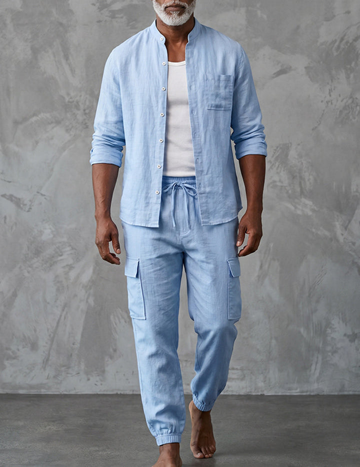 Relaxed fit men's cargo two-piece outfit; matching top & pants. Perfect for casual weekend style & summer.