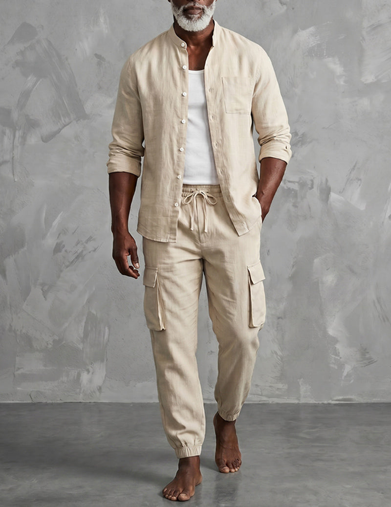 Men's stylish cargo two-piece set with mandarin collar. Relaxed fit ideal for casual spring/summer wear.