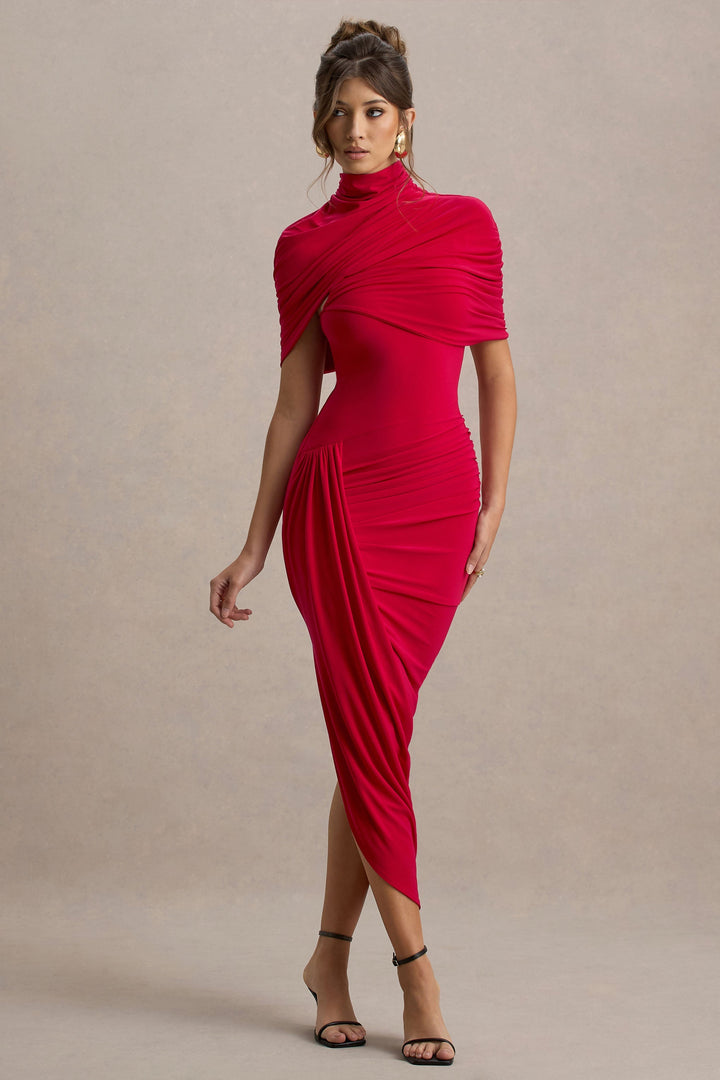 Red women's asymmetric cape maxi dress. Elegant formal wear for parties & special events.