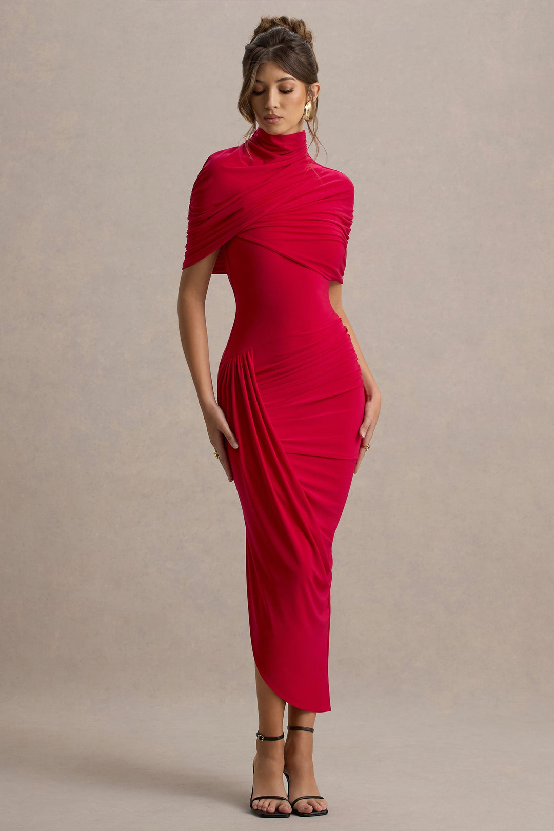 Yellow women's twisted cape maxi dress. A unique, flattering evening gown for formal occasions.