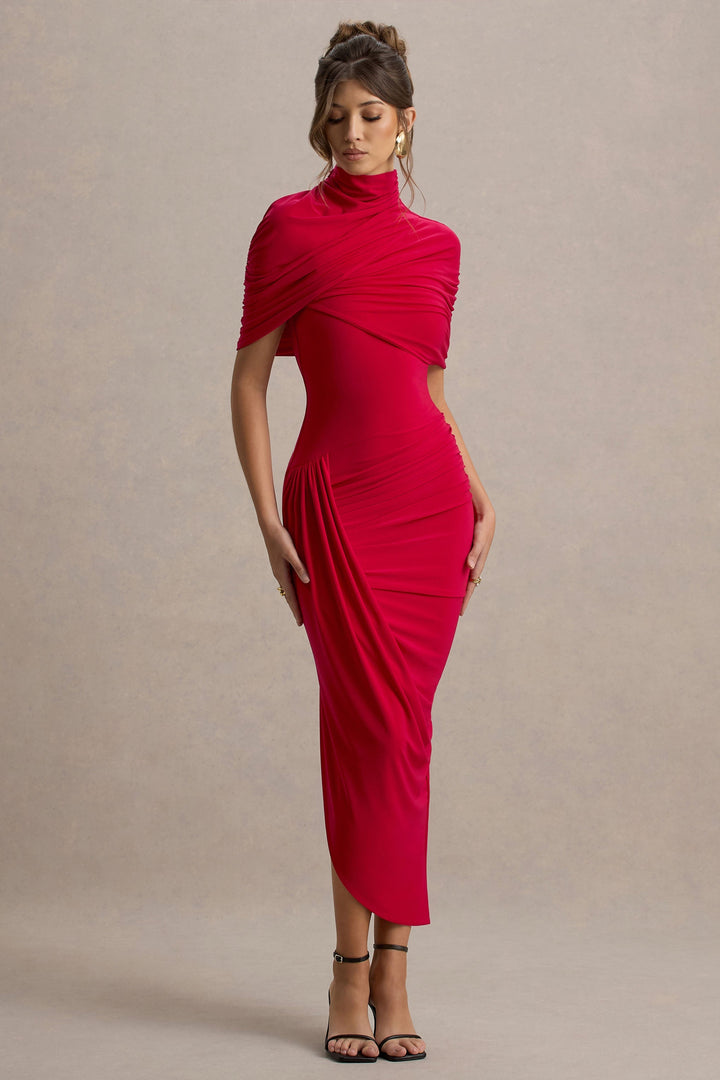 Yellow women's twisted cape maxi dress. A unique, flattering evening gown for formal occasions.