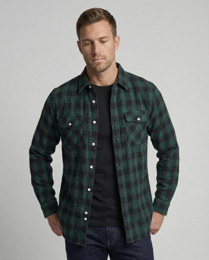 Front view of a men's classic checked long-sleeve casual button-up shirt, ideal for men's fashion.