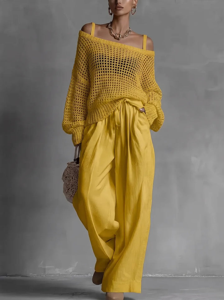 Chic women's off-shoulder two-piece set, ideal for relaxed summer days or casual elegant events.