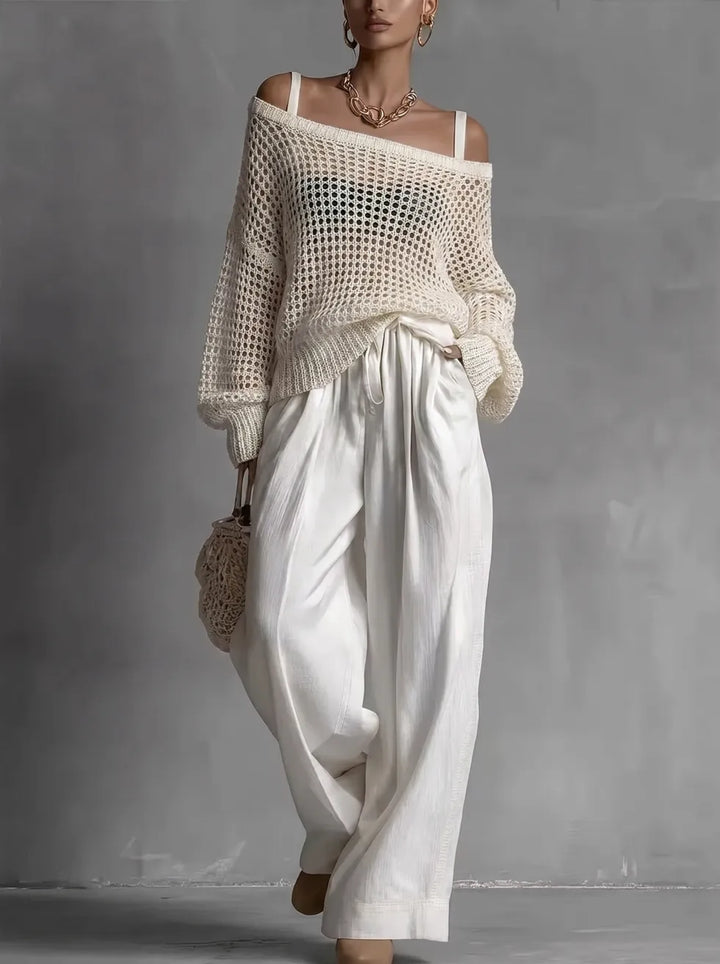 Women's elegant off-shoulder two-piece set with a relaxed fit, perfect for summer casual wear.