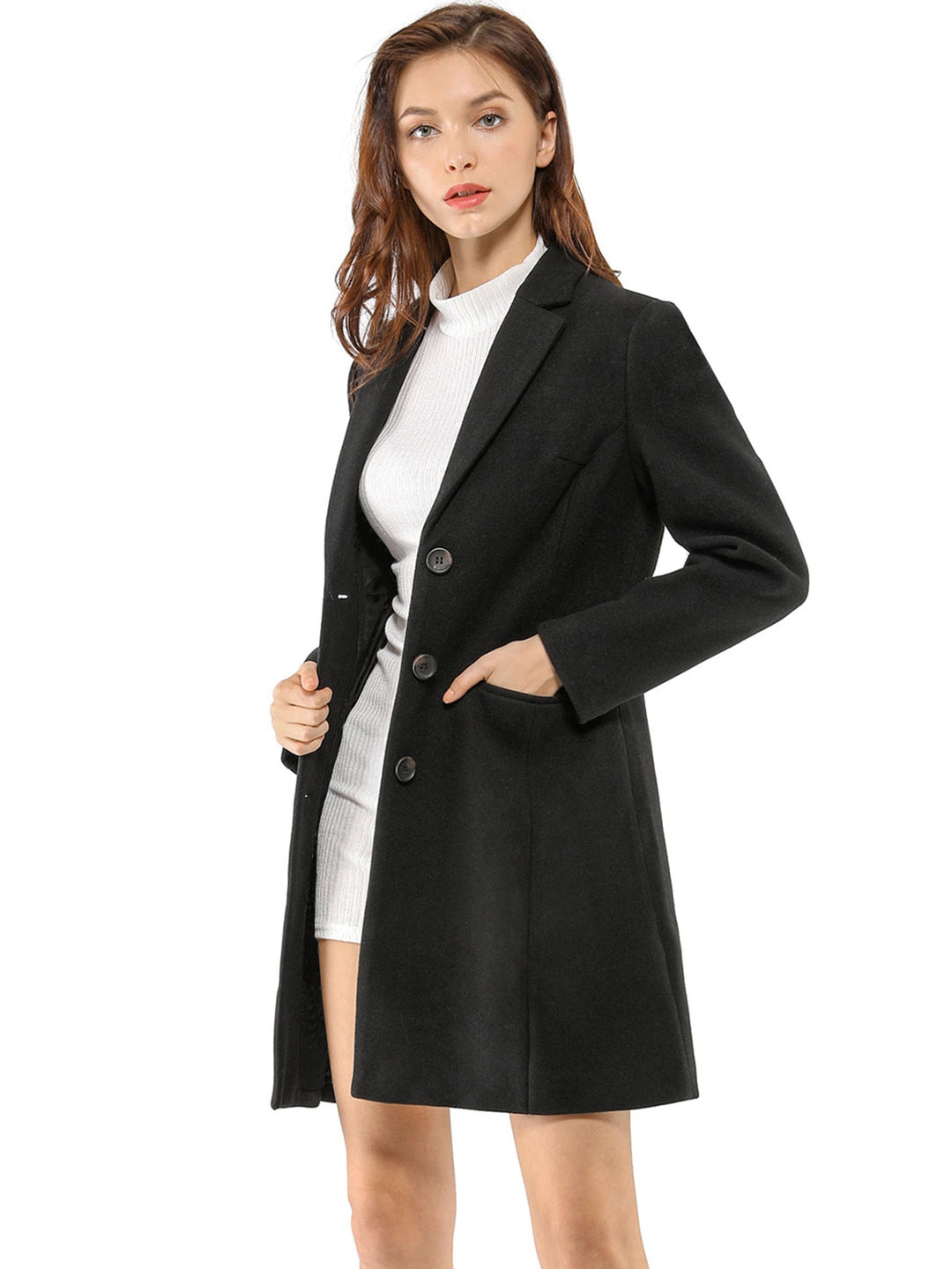 Sophisticated women's long-sleeve winter coat. A tailored, collared jacket for business casual & warmth.