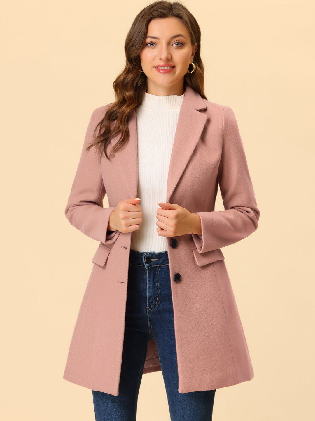 Tailored, elegant women's classic winter coat. Collared & long sleeve for cold weather fashion.