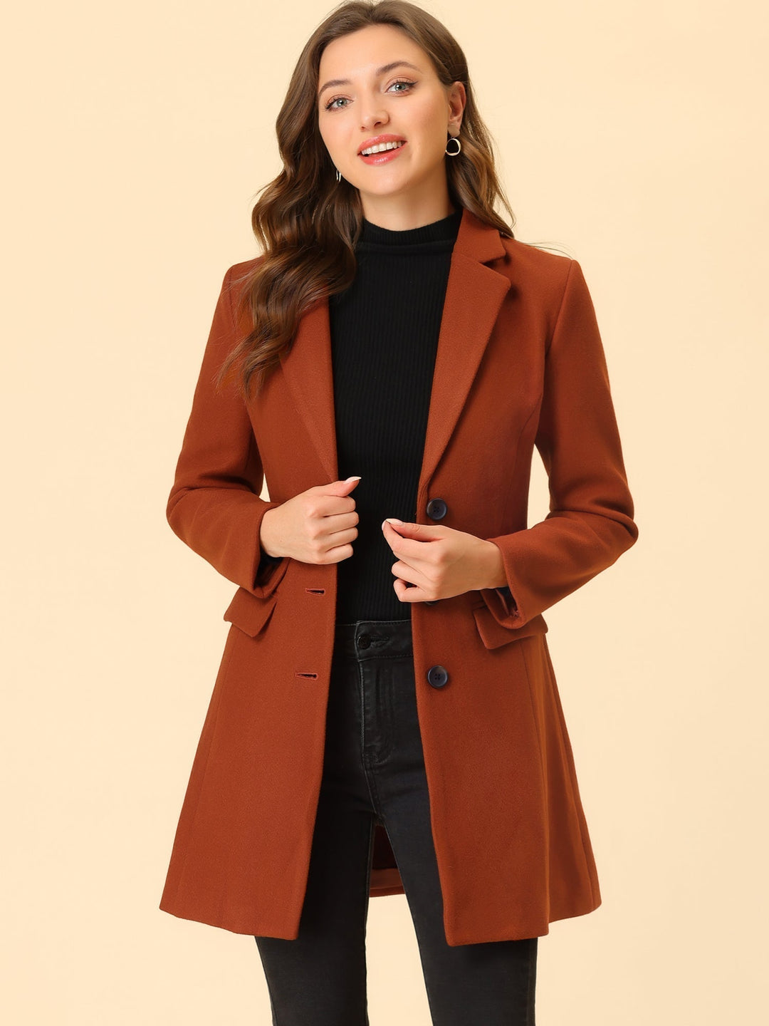 Elegant women's winter coat. Classic tailored fit, collared & long sleeve for sophisticated fashion.