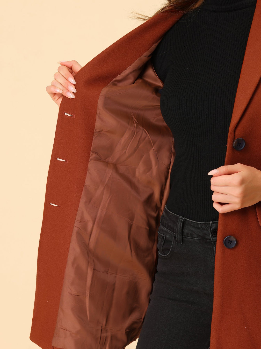 Classic women's elegant winter coat. Tailored fit, collared for sophisticated seasonal outerwear.