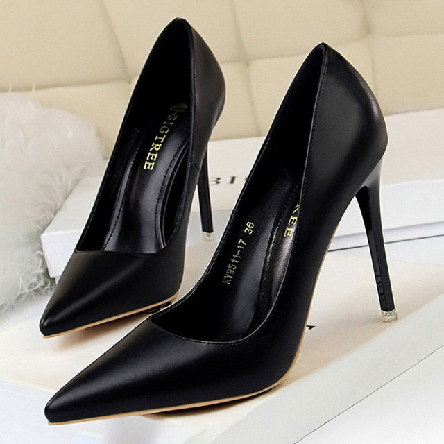 Classic women's pointed-toe high heel pumps, essential elegant footwear for any formal or party fashion.