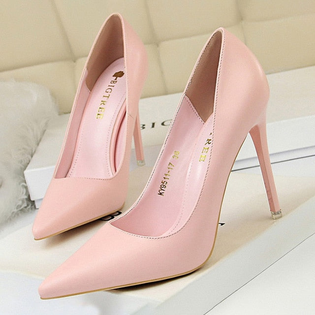 Elegant women's pointed-toe high heel pumps, a classic and formal slip-on footwear for parties.