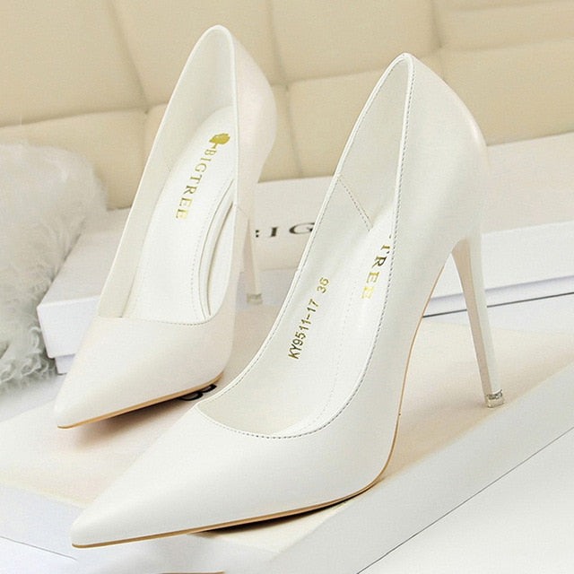 Close-up of sleek pointed-toe high heel pumps for women, sophisticated party and formal footwear.